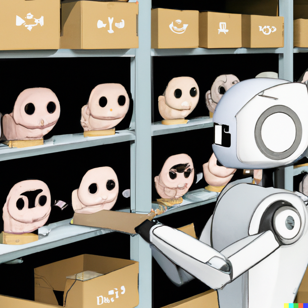 DALL·E AI generated image from the text prompt “a photorealistic image of a cute robot sorting people’s faces into crates on a shelf”
